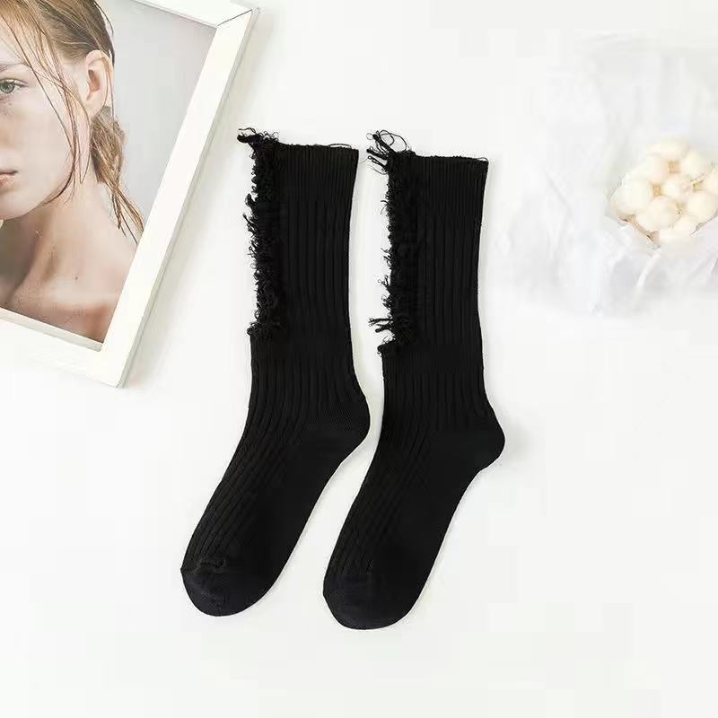 Herbst/Winter Socken Damen Ripped Reine Baumwolle Socken Hoher Schaft Tailoring Frotteesocken Einfarbig Gestrickte Socken schwarz