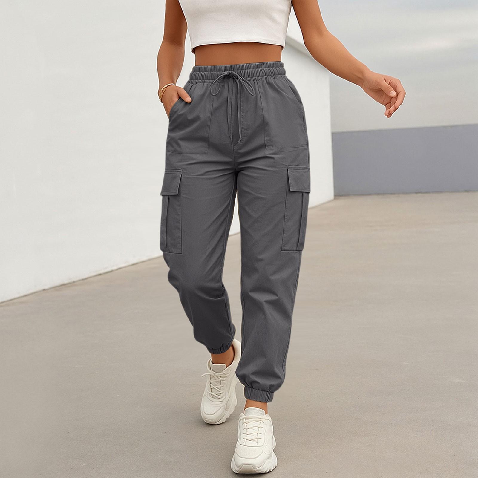 Damen Casual Cargo Hose Einfarbig Jogger mit Kordelzug in der Taille, Elastischer Bund, Mehrere Taschen Hose L