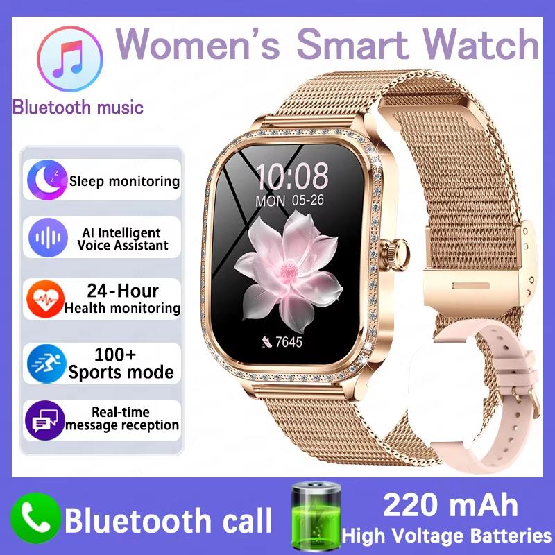 2025 Neue Damen Smartwatch Herzfrequenz Blutdruckmonitor Musikwiedergabe KI-Sprache Sport BT-Anruf Smartwatch steel tape rosa