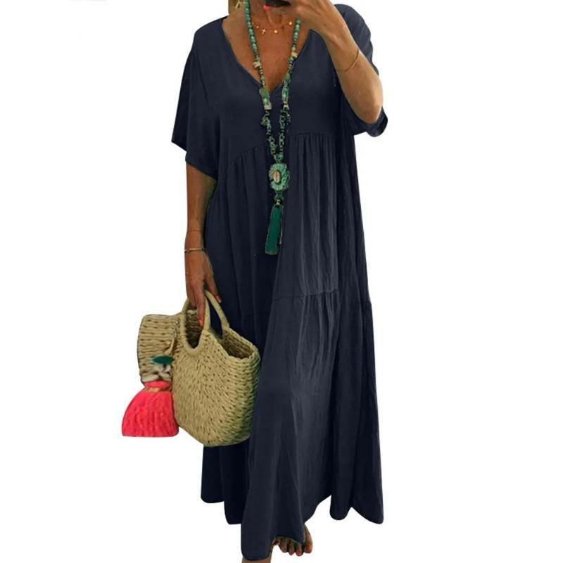 Damen Sommer Freizeit Baumwolle Leinen Kleid V-Ausschnitt Kurzarm A-Linie Sommerkleider Plissiert Fließend Locker Sitzend Lange Kleider S dunkelblaue