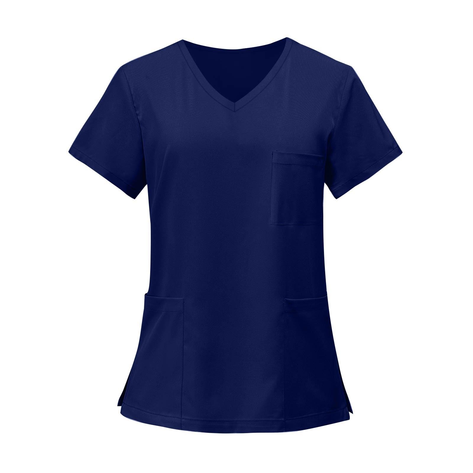 Damen V-Ausschnitt Kasack Kurzarm Einfarbig Uniformhemd Mit Mehreren Taschen Für Medizinische Zahnärztliche Klinik Arbeitskleidung XXXXXL dunkelblau