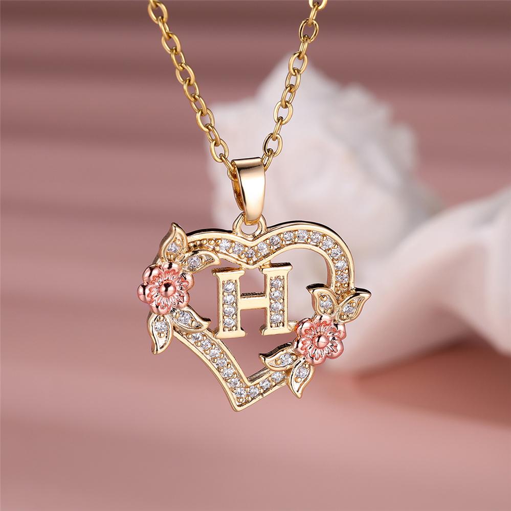 Halskette mit Herz-Anhänger, Anfangsbuchstabe AZ für Frauen, eleganter Zirkonia, Roségold, Blumen-Alphabet-Herz-Anhänger, Kette, Halsband, Schmuck, Geschenk H gold/rose gold