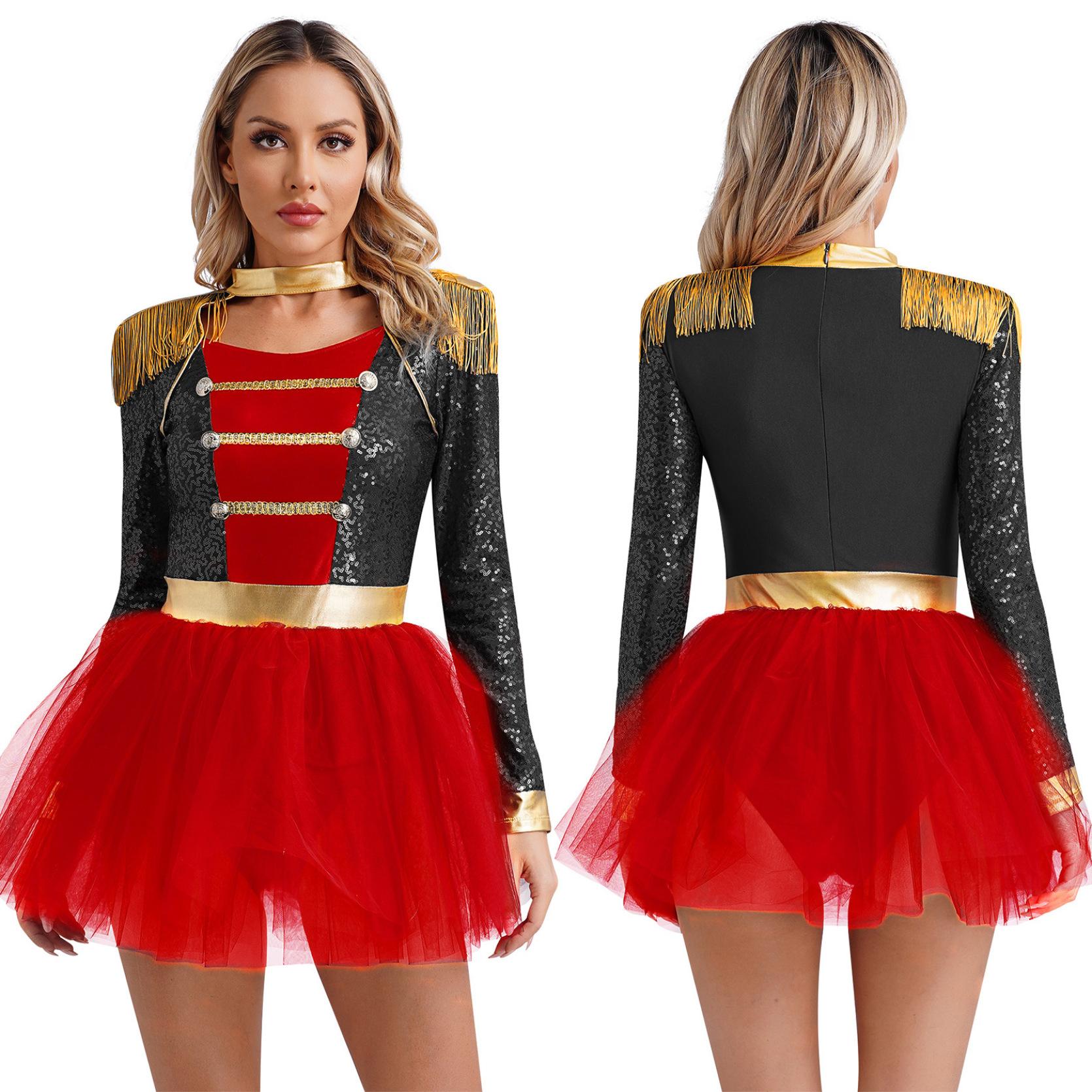 Frauen Pailletten Circus Ringmaster Cosplay Kostüm Langarm Fransen Schulter Tüll Trikot Kleid Halloween Dress Up Kostüm S schwarz