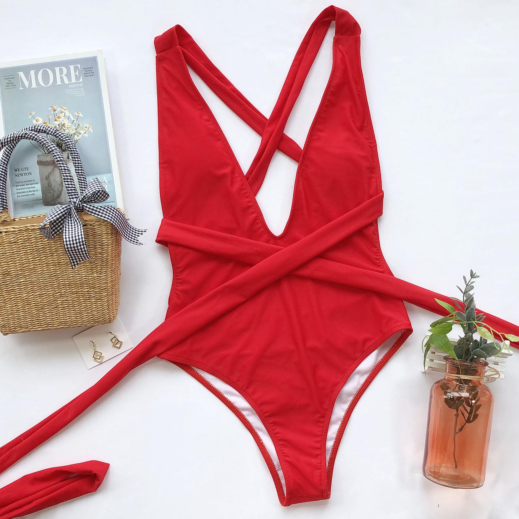 Sexy Badebekleidung mit tiefem V-Ausschnitt, rückenfrei, Bandage, einteiliger Badeanzug, Monokini, Badpak-Badeanzug L dunkelrote