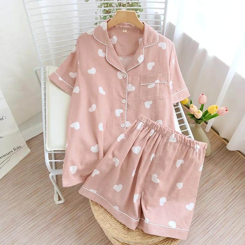 Einfacher kurzer Pyjama für Damen, 100 % Baumwolle, kurzärmeliges Damen-Pyjama-Set, Shorts, süßer Cartoon-Pyjama, Heimkleidung für Damen M