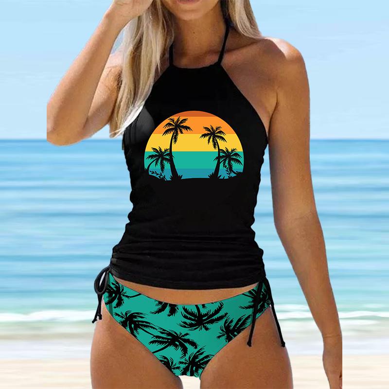 Blauer Neckholder-Bikini-Tankini-Badeanzug mit Kokosnussbaum-Print für Damen 4XL grün