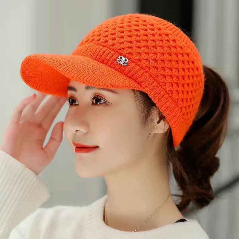 Weibliche Herbst Fleece Hohe Pferdeschwanz Hut Baseball Caps Frauen Winter Dicke Warme Twist Stricken Hüte Visier Gorros Mützen Frauen Hüte orange