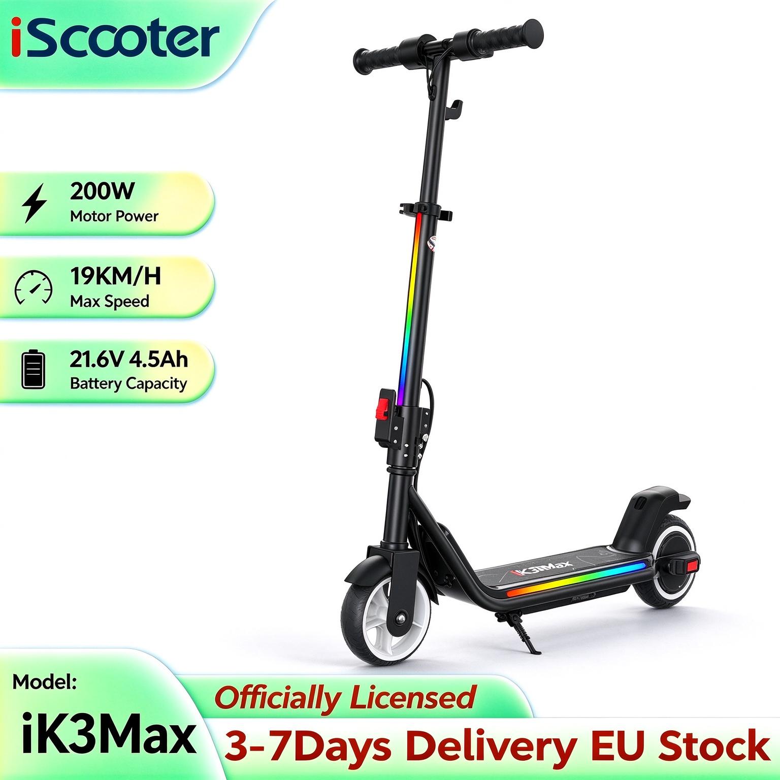 iScooter iK3Max 6,5 Zoll Kinder Elektro-Scooter 19 km/h 200W 21,6V/4,5Ah Bluetooth-Lautsprecher & Bunte Seitenlichter Faltbarer E-Scooter 19KM/H schwarz