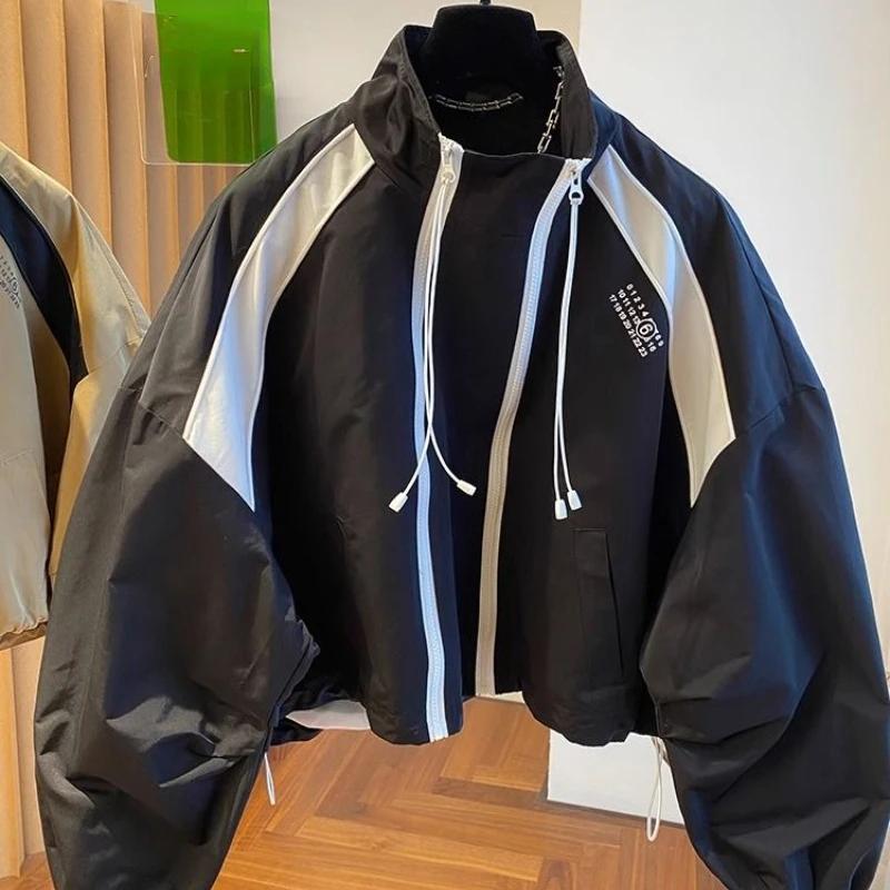 Koreanische Street Double Zipper Jacken für Damen Herbst Stehkragen Mäntel Y2k Langarm Lockere Oberteile Mujer S schwarz