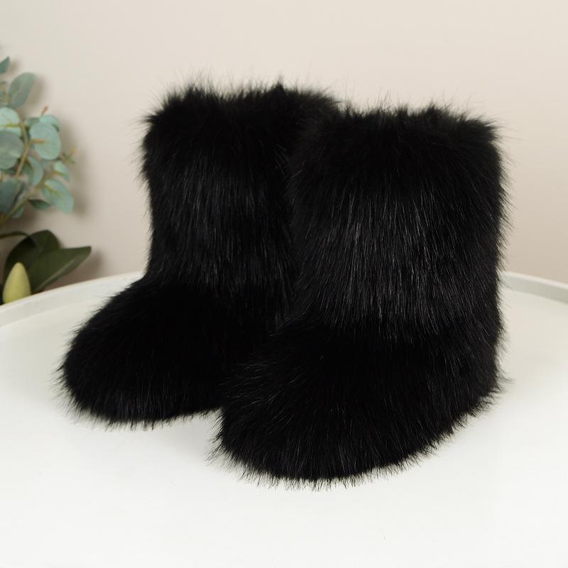 Winter Frauen Flauschigen Faux Fuchs Pelz Stiefel Frau Plüsch Warme Schnee Stiefel Luxus Schuhe Mädchen Furry Pelz Bottes Mode Winter schuh 37 schwarz