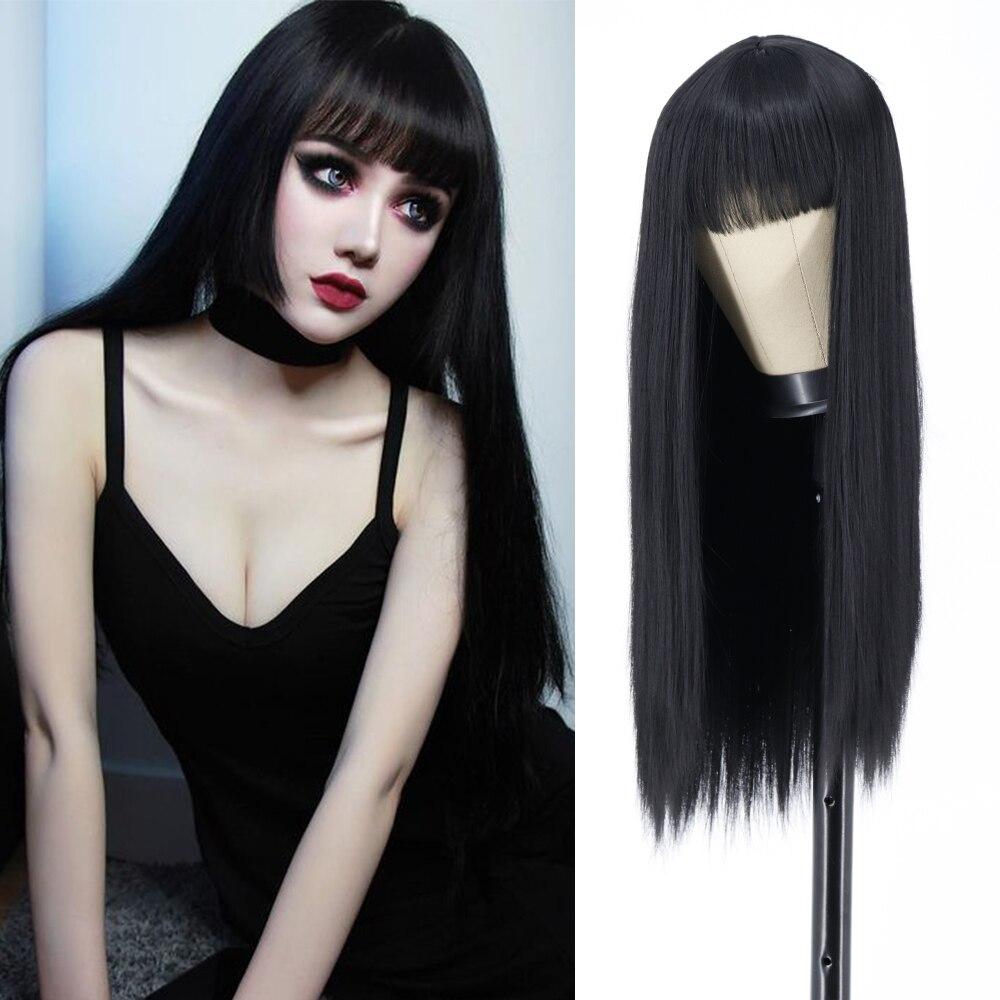 MISS WIG Lange gerade schwarze Perücke mit Pony, Kunsthaar-Perücken, Knall mit Perücke für Frauen, Weinrot, Gold, hitzebeständige Perücken