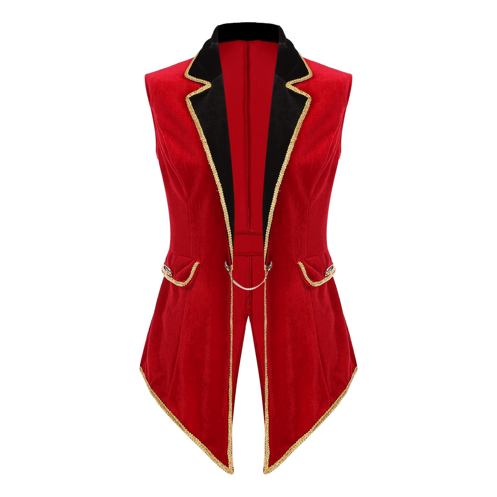 Damen Zirkus-Ringmaster-Kostüm aus Samt, ärmellos, Frack, Revers-Design, Halloween, Cosplay 3XL rot