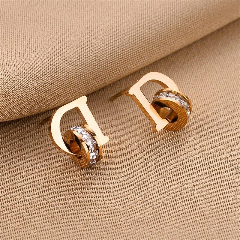 Luxus Zirkon Edelstahl D Brief Kreis Ohrringe für Wome Gold Ungewöhnliche Vielseitige Ohrringe 2022 Neue Trendy Schmuck Brincos rose gold
