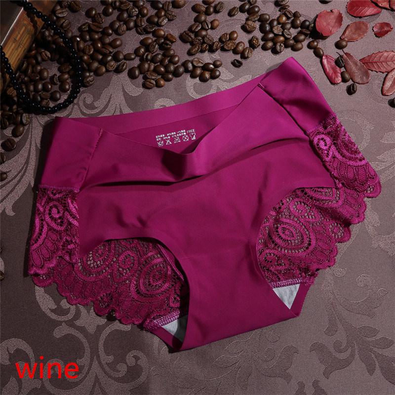 Frauen Sexy Unterwäsche Mid-taille Unterwäsche Spitze Reine Farbe Baumwolle Damen Unterwäsche Slips XL wein rot