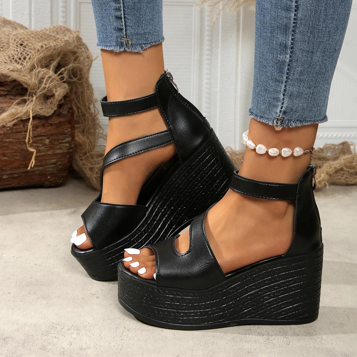 Mode Damen Keilsandalen 2025 Neue Sommer High Heels Sandalen Damen Mode Strand Einfarbig Plateau Schuhe für Frauen Sandalias De Mujer 38 schwarz