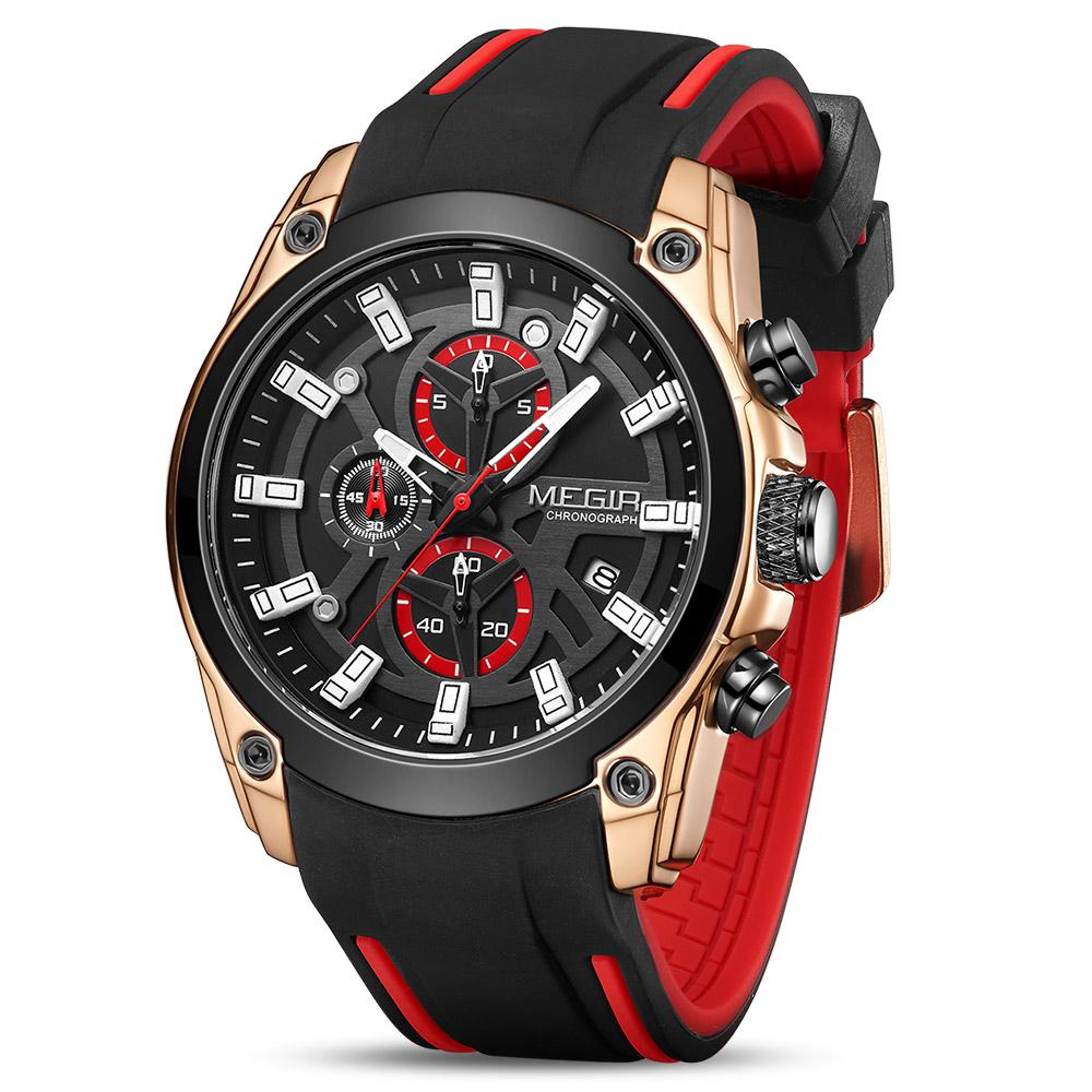 MEGIR 2020 Analoge Quarz-Sport-Armbanduhren, modischer Luxus-Chronograph, leuchtend, mit bequemem Silikonarmband für Herren schwarz/hellrosa