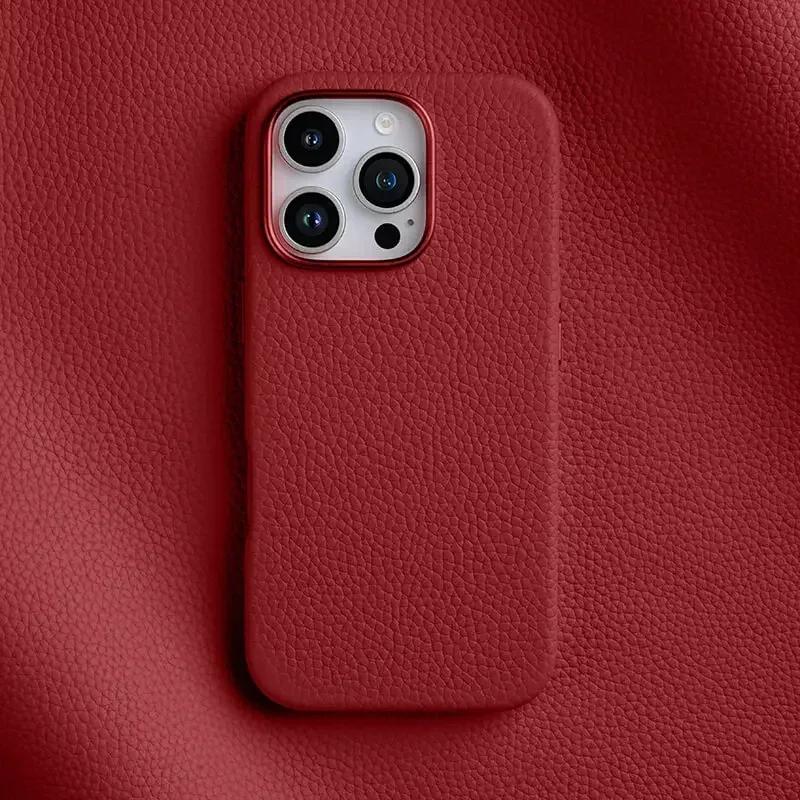 Melkco 100% Echtes Leder Hülle für iPhone 16 Pro Max 16 Plus Magnetische Hüllen Premium Luxus Rindsleder IPhone 16 Schutzhülle Genuine Leather&iPhone 16 Plus rot