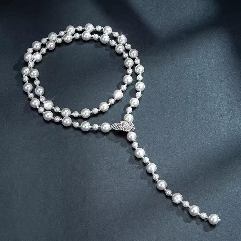 Elegante Klassische Damen Mädchen Mode Perle Lange Halskette Mode Exquisite Damen Party Kristall Pulloverketten Halsketten Schmuck gray