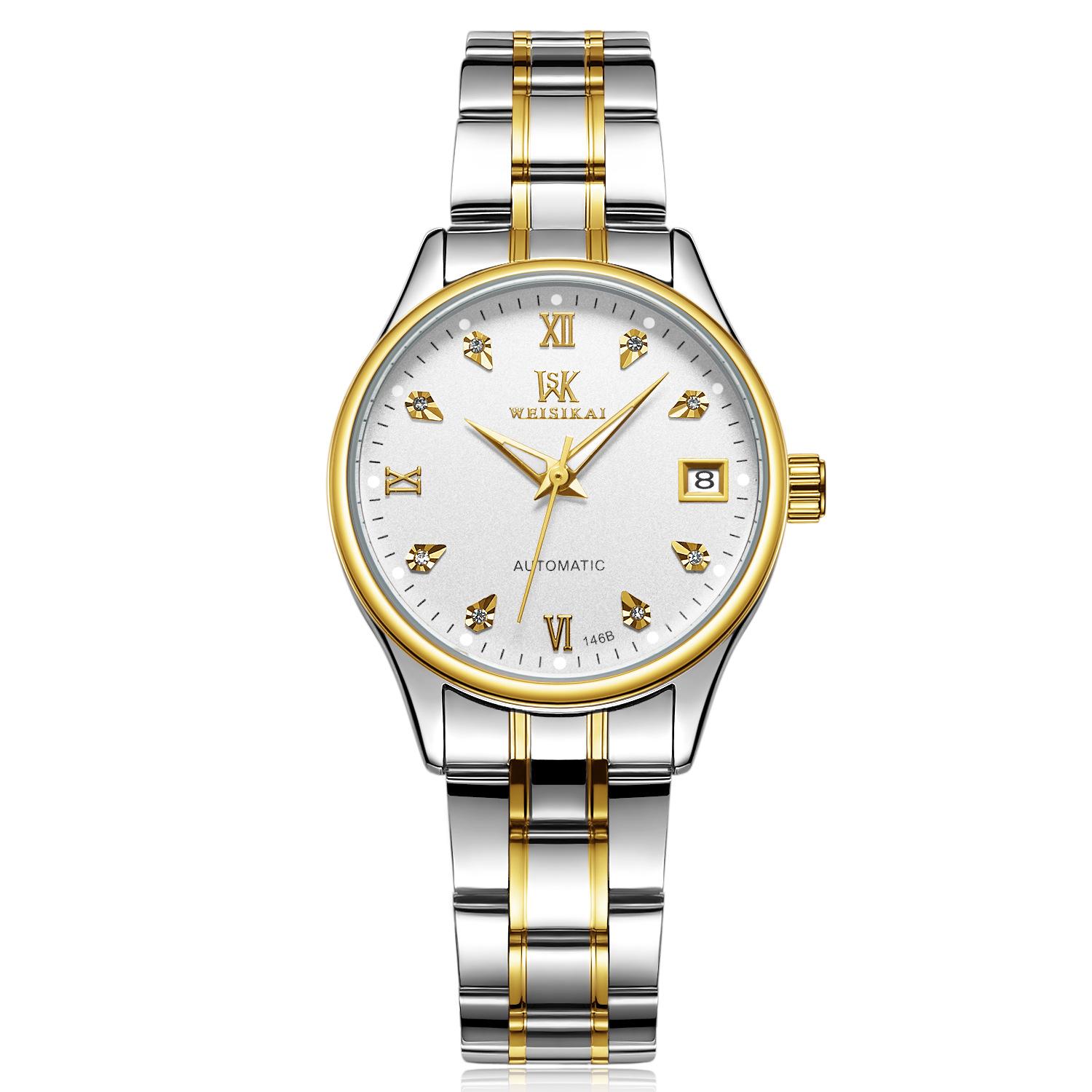 WEISIKAI 146B Frauen Uhren Neue TOP Marke Luxus frauen Uhr Mit Box Wasserdicht Leucht Kalender Automatische Frauen Mechanische Uhren weiß/gold