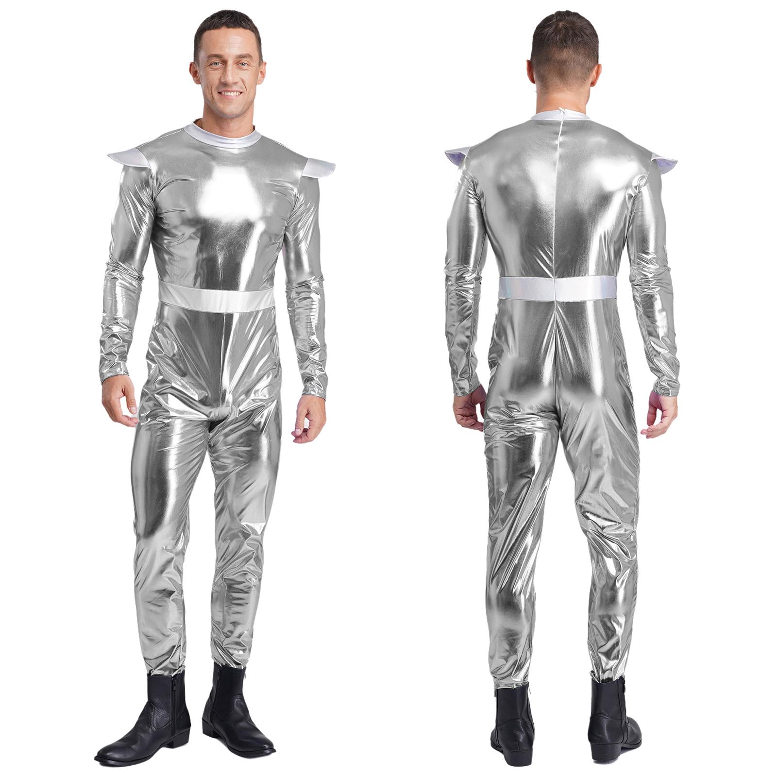 M-3XL Herren Halloween Alien Kostüm Langarm Hohe Taille Langer Jumpsuit Weltraum Süße Kostüm Roboter Kostüm Performance Kostüm XXL silber