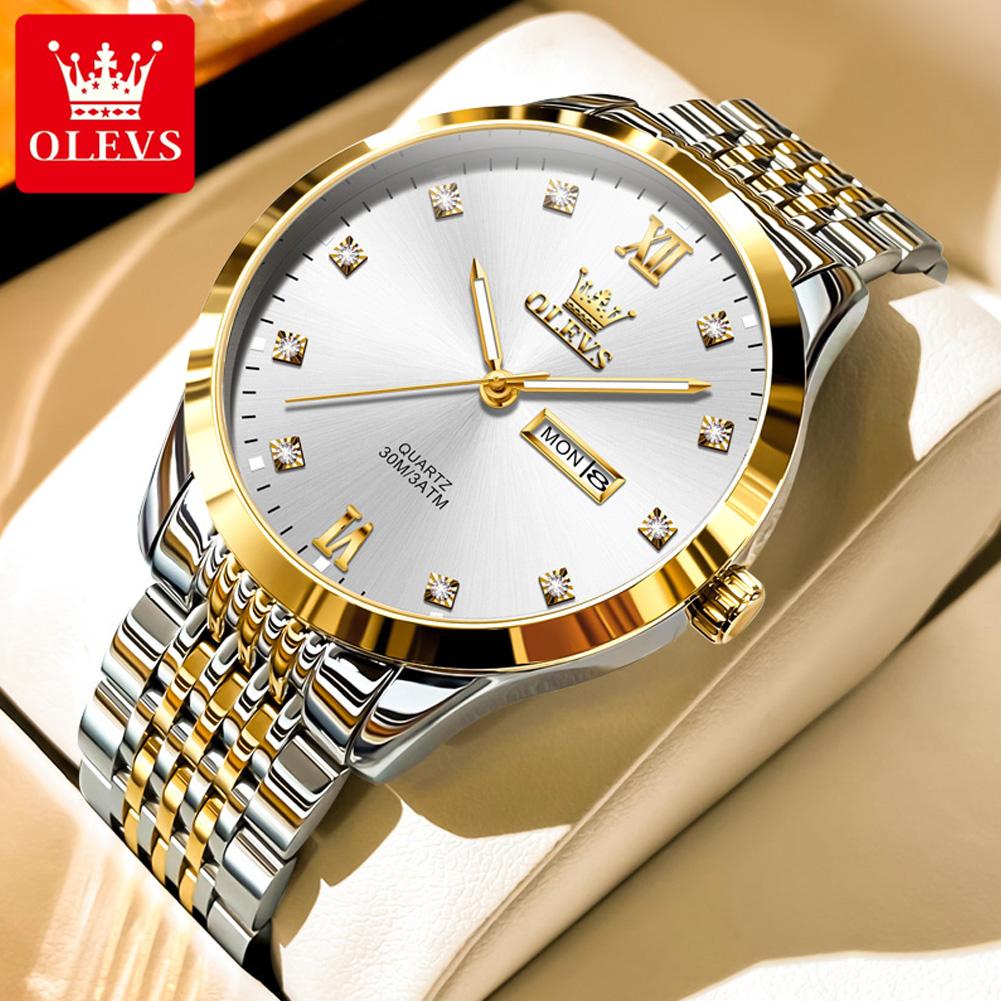 OLEVS Herrenuhr Klassische Mode Business Wasserdicht Edelstahl Doppelkalender Quarzuhr Luxusmarke Herrenuhr gold/weiß