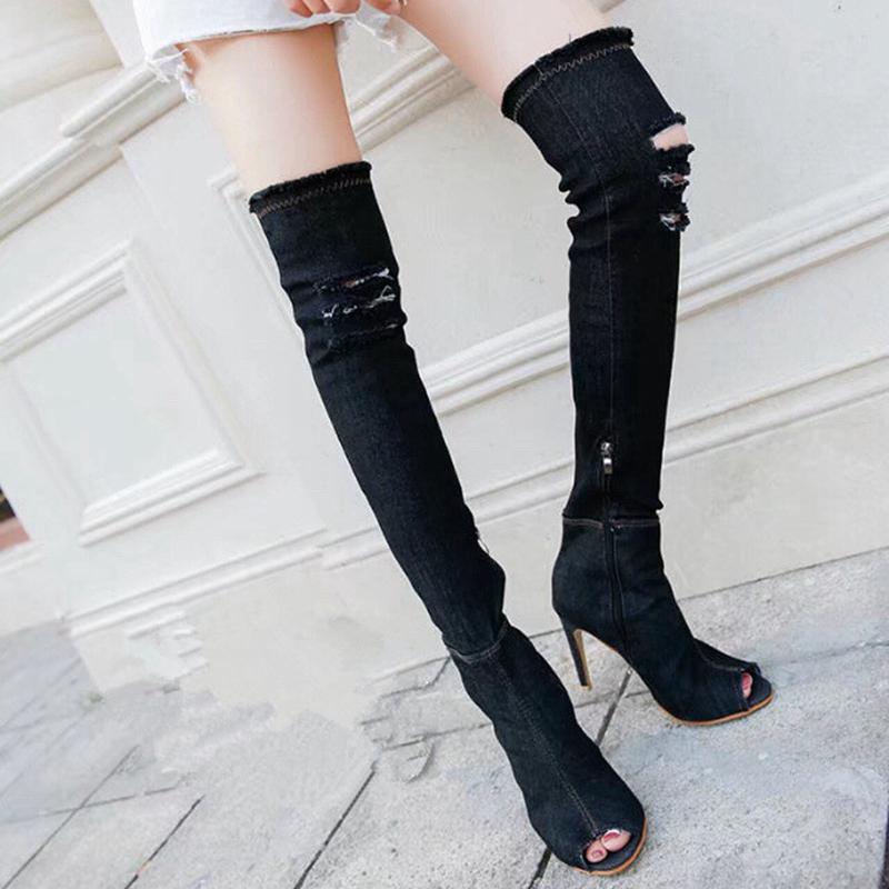 Stiefel Damenmode Sexy Denim Lange Stiefel Straße Overknee Fischmaul Retro Stiletto Heels 37 schwarz