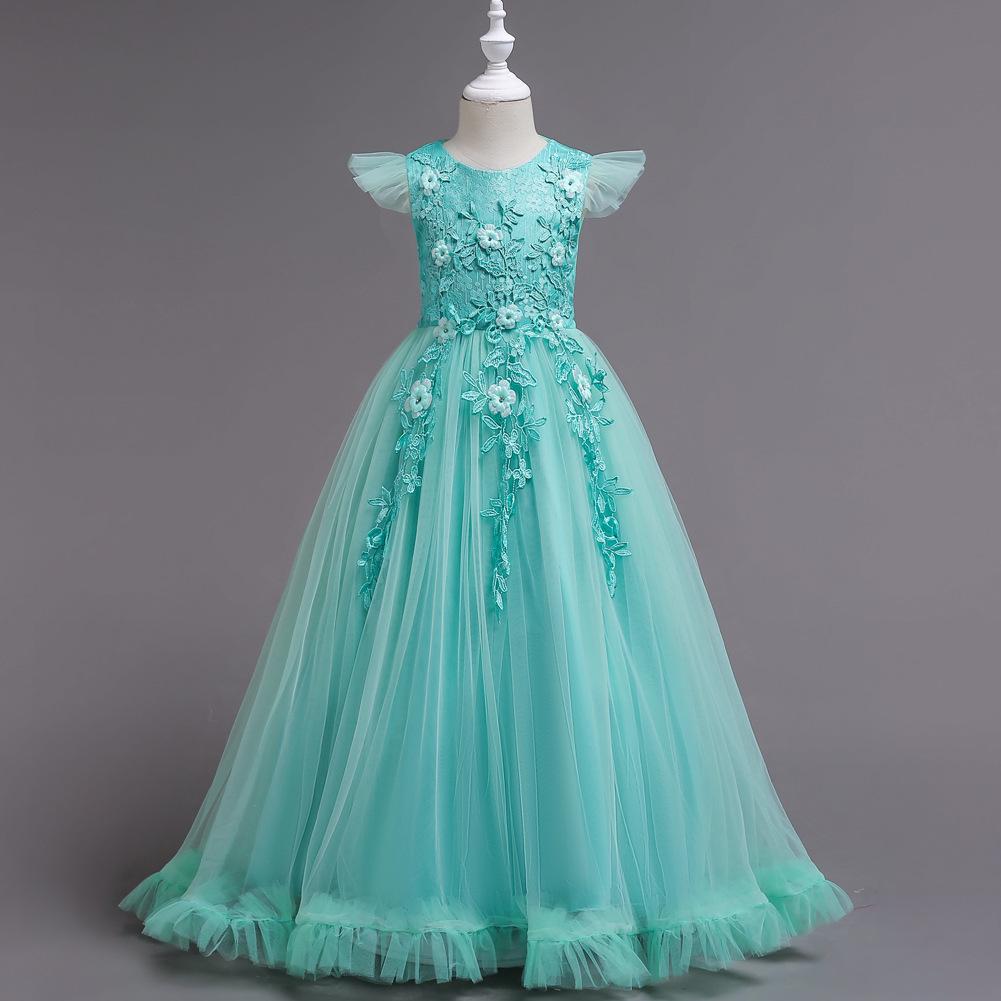 Kinderkleider Blumen Spitze Festlich Ärmellos Lange Kleider Für Mädchen Prinzessin Kostüm Mädchen Hochzeitskleider Kleidung 4-15 Jahre 160cm grün