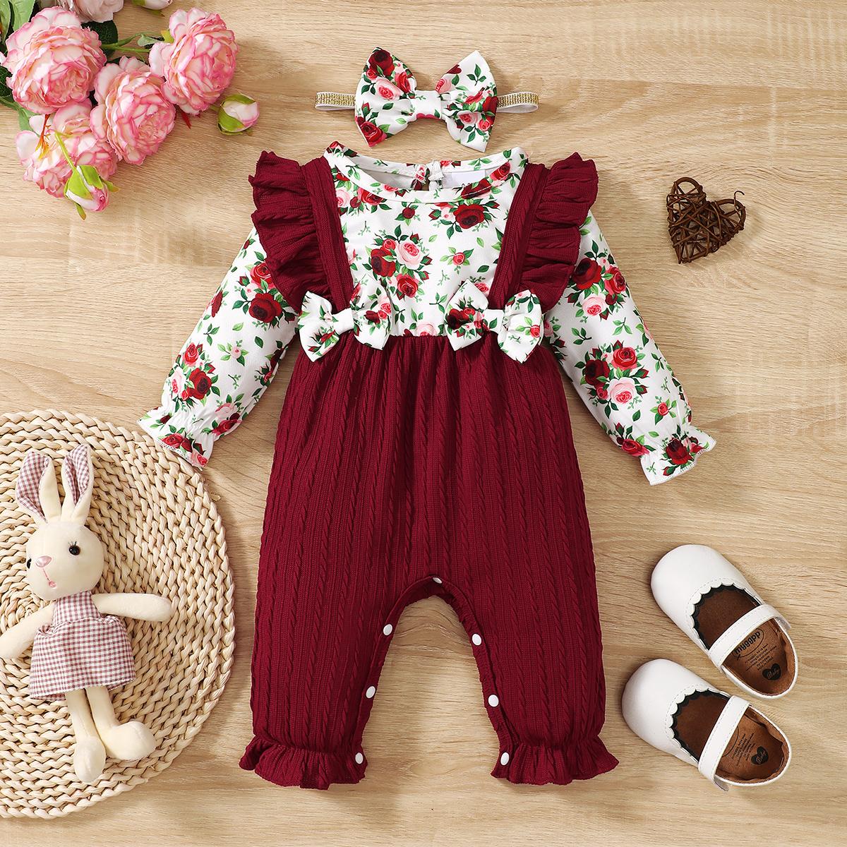 0-18 Monate Neugeborenes Baby Mädchen Strampler Süß Geblümt Langarm mit Schleife Body+Stirnband Kleinkind Mädchen Frühling&Herbst Strampler 12-18m white