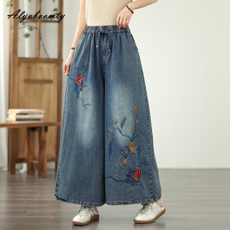 Übergröße Frühling Sommer Damen Weitbeinjeans Elastischer Bund Blumenstickerei Lässige Lockere Denimhose Vintage Baggy Große Größe Damenjeans M blau