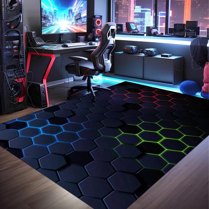 Gamer Teppich Gaming Teppich, Spiel Teppich Geometrischer Teppich, Bunter Teppich Spielzimmer Teppich Neon Dekor Teppich Neon Look Sport Teppich Auslegeware, Gaming Geschenke 40X60CM blue