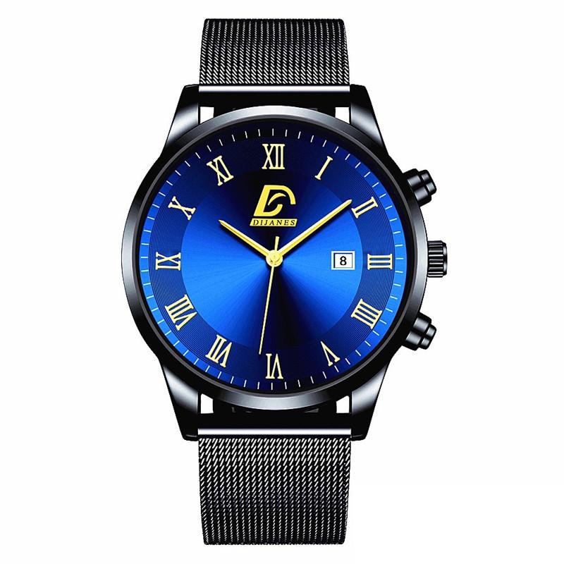 Modische Herrenuhren, luxuriöse Edelstahl-Kalender-Quarz-Armbanduhr für Herren, Business-Casual-Uhren blau/schwarz