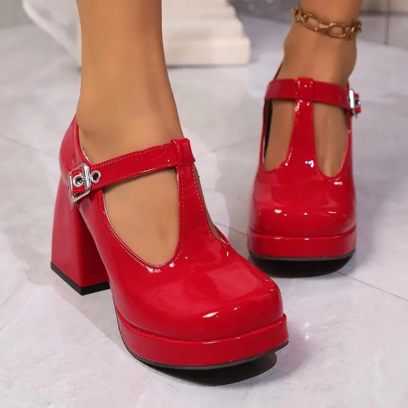 Schuhe Damen Mary Janes Damen High Heels Übergröße Kleid Pumps Damen Runde Zehen Schnallenriemen Klobige Absätze Schuhe Damen 41 rot