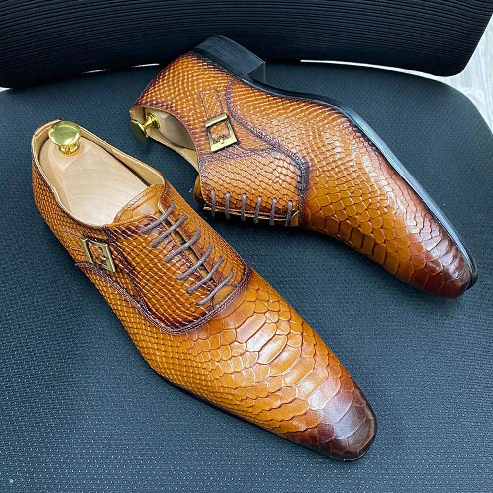 Mode Luxus Herren Hochzeit Oxford Schuhe Schwarz Braun Echtes Leder Schlangenmuster Herren Kleiderschuhe Schnürschuhe Business Formelle Schuhe für Herren 40 braun