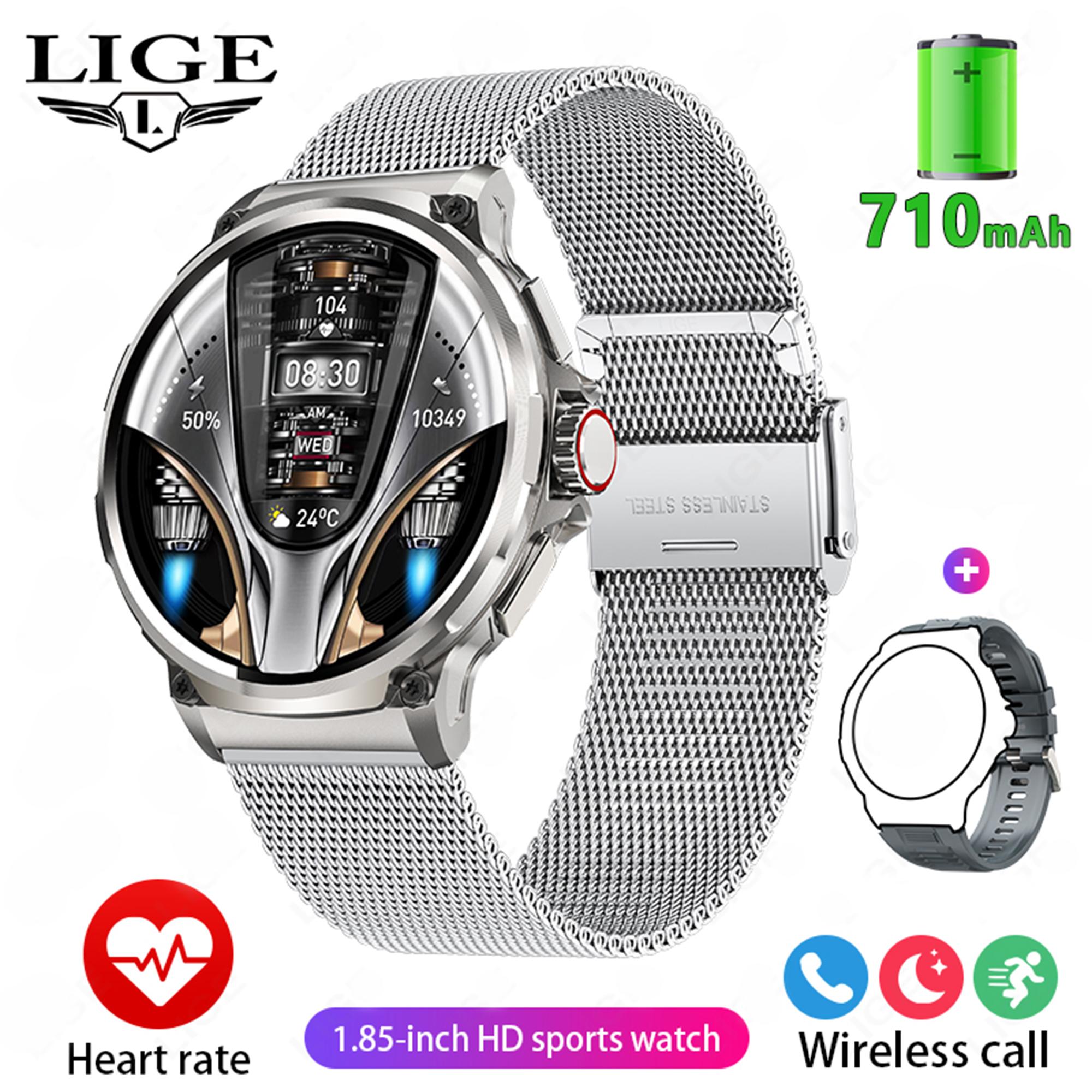 LIGE Neue 710 mAh Große Kapazität Batterie Smart Watch Männer Outdoor Sport Gesundheit Tracking Wasserdichte Smart Armband Bluetooth Anruf Smart uhr 2024 Geschenk Mesh belt silber