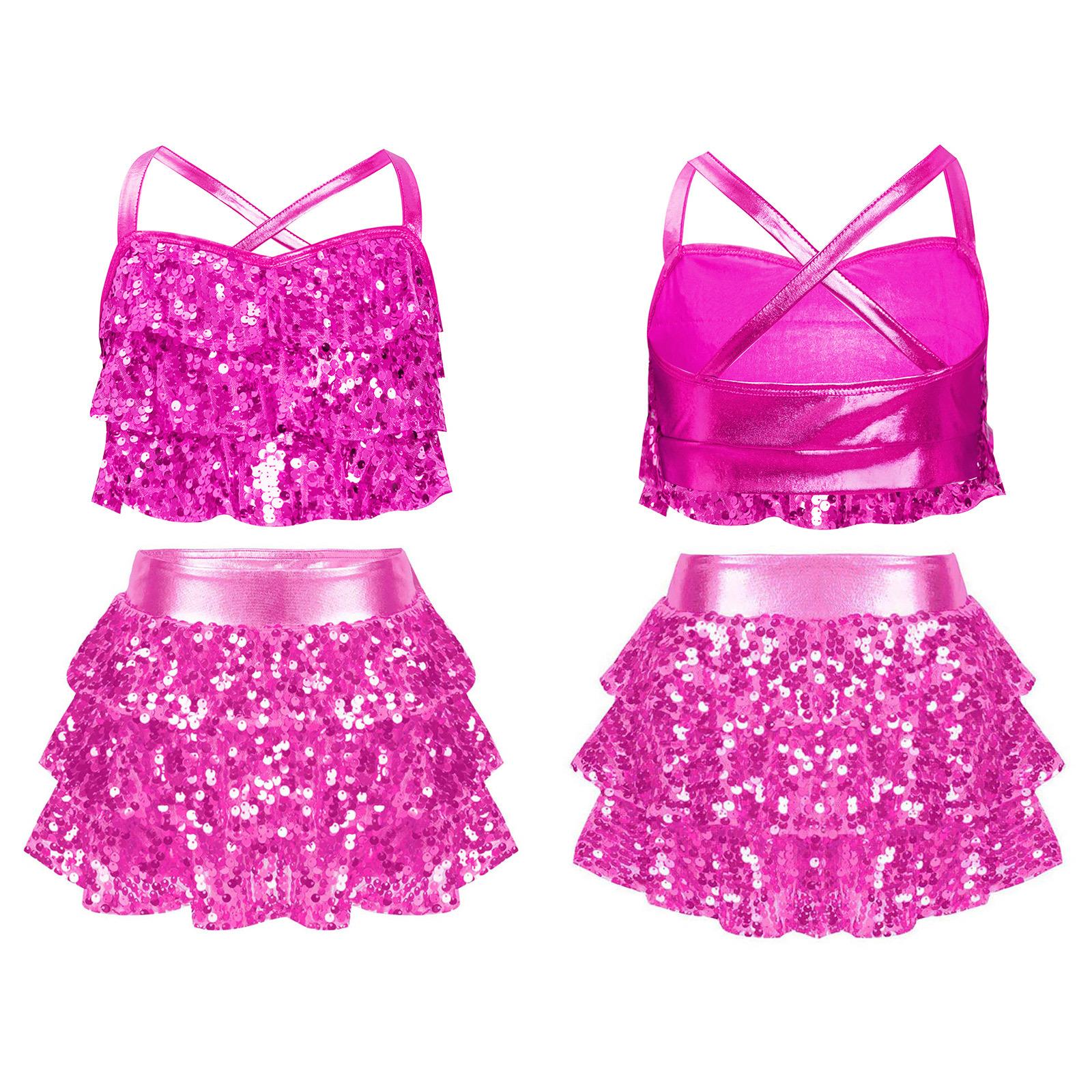 Mädchen Pailletten Jazz Tanz Outfit Kostüm Glänzendes Metallic Crop Top mit gestuftem Unitard Rock Schul Basketball Cheerleading Kostüm 13-14 Years heißes rosa