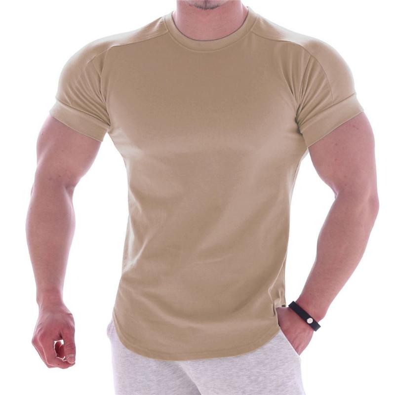 Muskulöse Herren-Fitness-Kleidung, Sport-T-Shirt, eng anliegend, elastisches Training, schnell trocknende Kleidung, lässig, kurze Ärmel 3XL khaki
