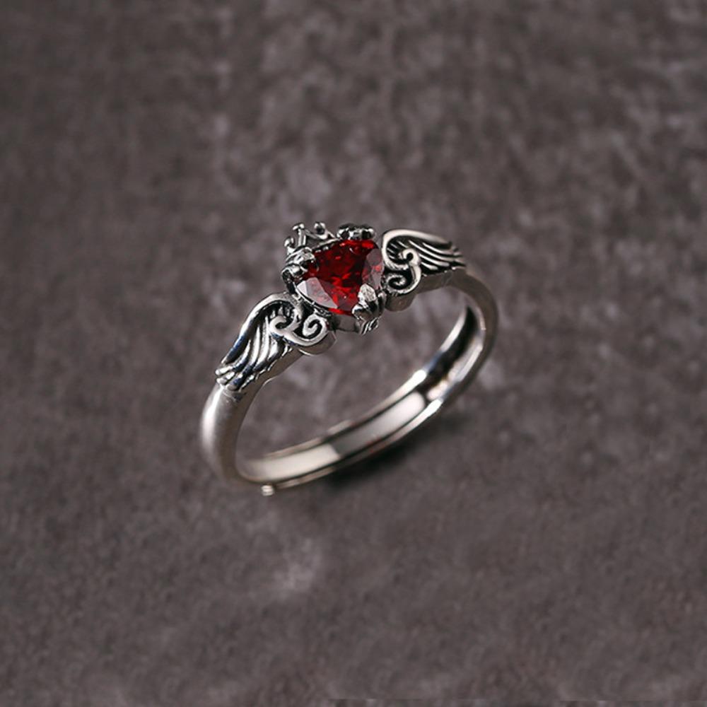 Temperament Antike Kupfer Engelsflügel Ringe Krone Flügel Rotes Herzförmiges Zirkon Verstellbare Öffnungsringe Für Frauen Schmuck Geschenke resizable gray