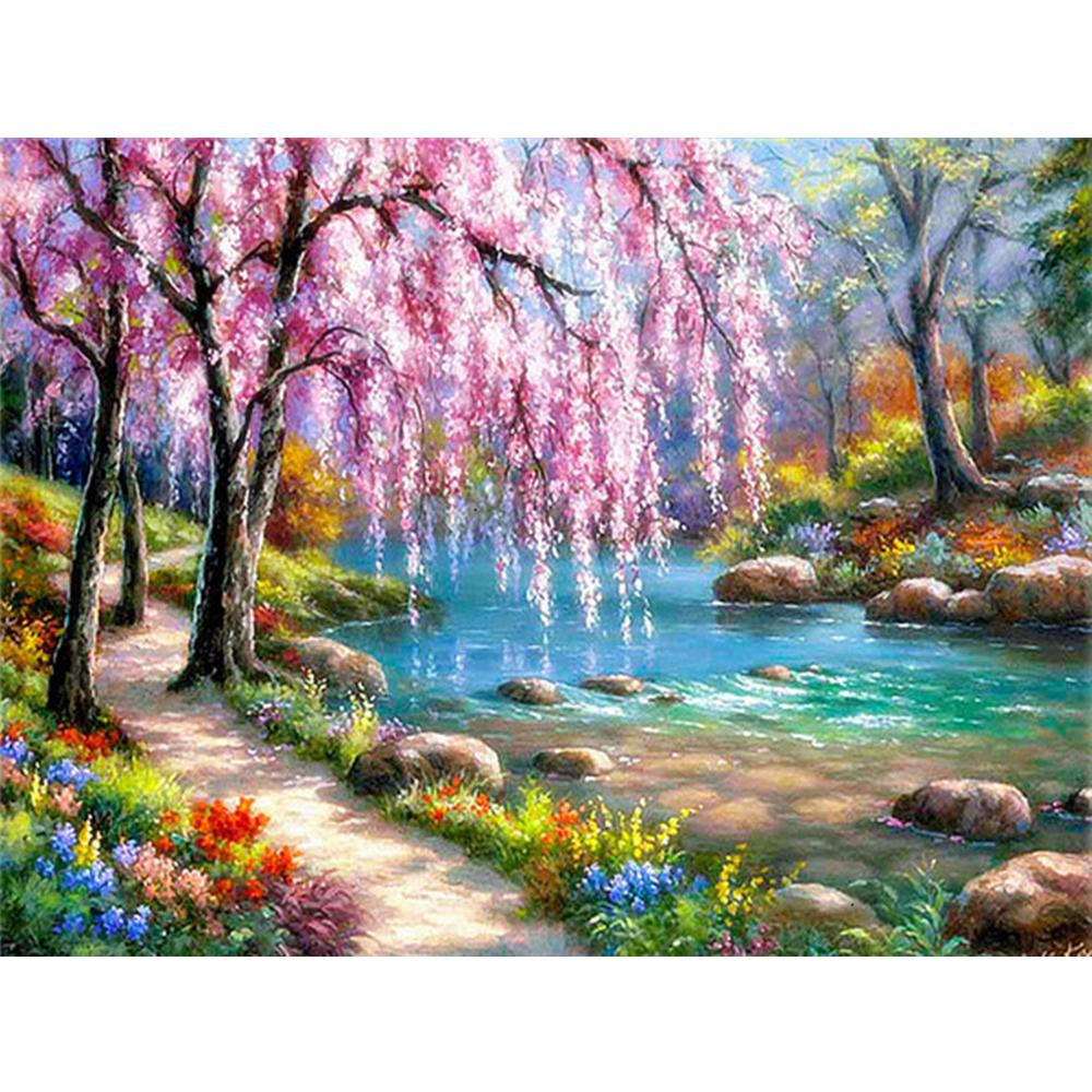 Vollquadrat Diamant Malerei Garten Kreuzstich Diamant Stickerei Landschaft Kirschblüten Mosaik Haus Dekor für Zuhause Full Square 50X70CM hellblaue