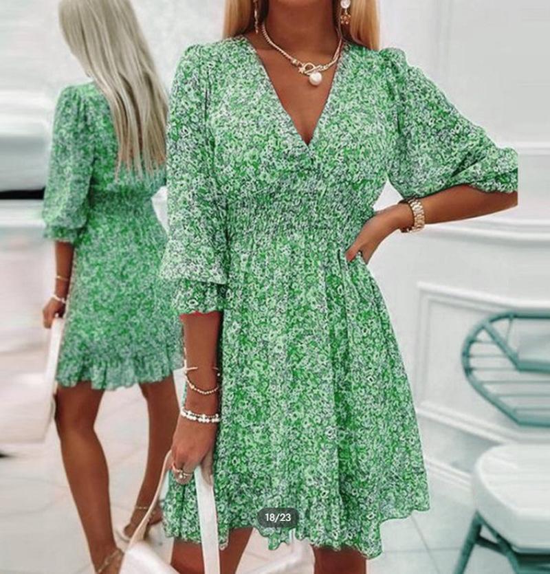 Sommer Floral Mini Kleider Frauen Vintage Sexy V-ausschnitt Halbe Hülse A-Line Party Kleid Weibliche Casual Elegante Strand Kleid XXXL grün