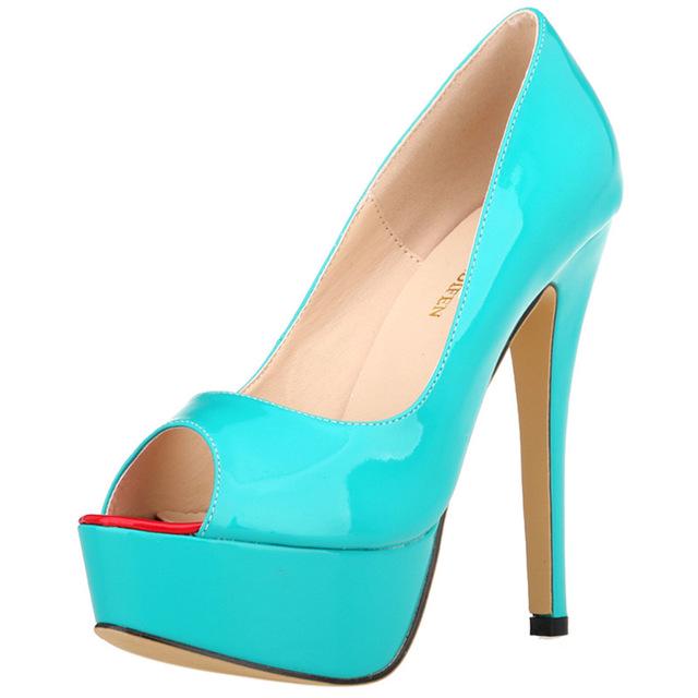 Damen Pumps Sexy Peep Toe Plateau 14cm Super High Heels Lackleder Pumps Schwarz Partykleid Rot Hochzeitsschuhe Stilettos Schuh 36 hellblaue