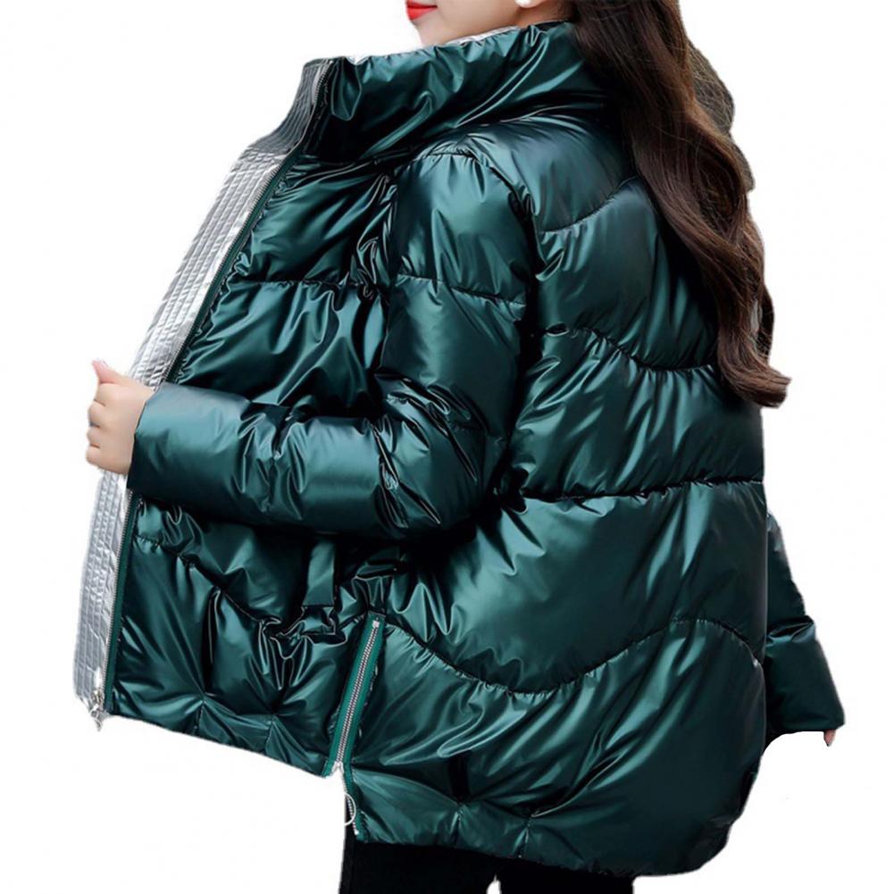 Glänzende Winter-Daunen-Baumwoll-gefütterte Jacke für Damen, dicke, leuchtend schwarze, kurze, glänzende Jacke, gelb-rote Baumwoll-Parkas-Oberbekleidung S grün