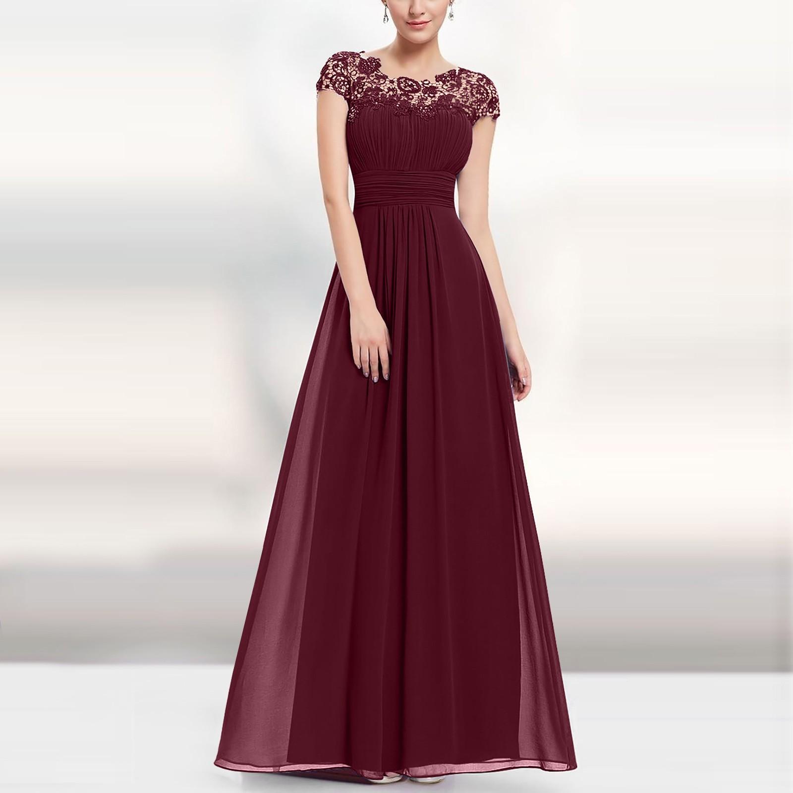 Damenmode, florales, formelles Spitzen-Vintage-Kurzarm-, schmales, langes Hochzeitskleid M wein rot