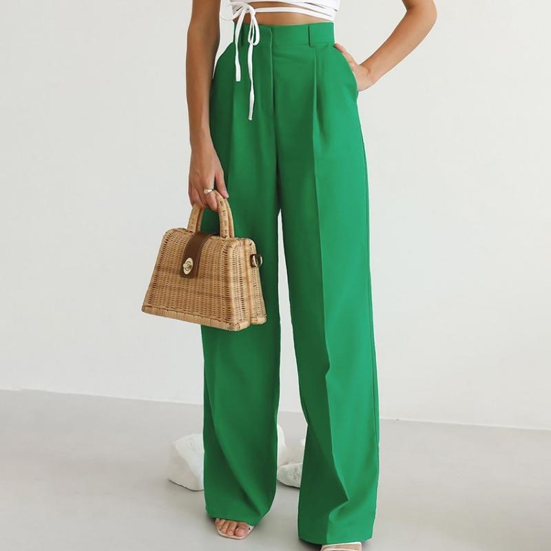 Mode lockere Damen High Waist Weitbein Hose Lässig Elegant Tasche Reißverschluss Büro Dame Lange Hose Weiblich Grün Chic Hose 20982 L grün