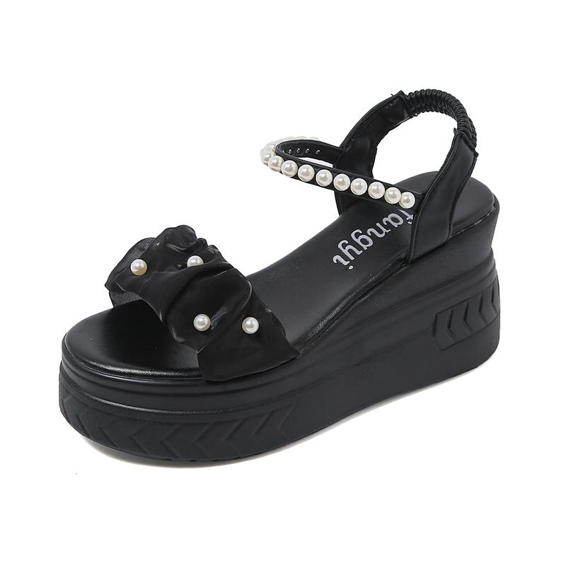 Modische Schuhe für Damen Elastisches Band Damen Sandalen Sommer Freizeit Sandalen Damen Keilsandalen Sandalen Plateau Damen mit Absatz 40 schwarz