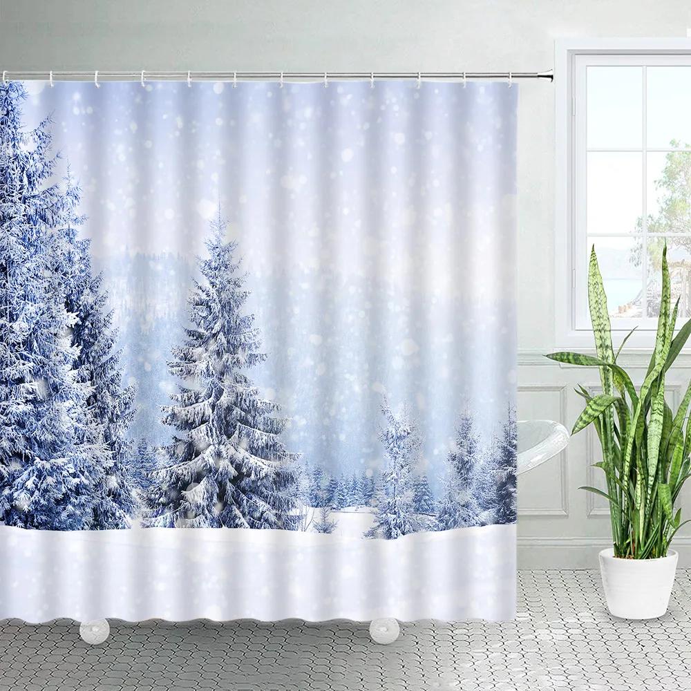 Winter Skifahren Duschvorhang Set Moderne Skistation Schneebedeckte Berge Kiefernwald Badezimmer Vorhänge Blaue Weihnachten Badezimmer Dekor W90H200(CM)-1 Pcs