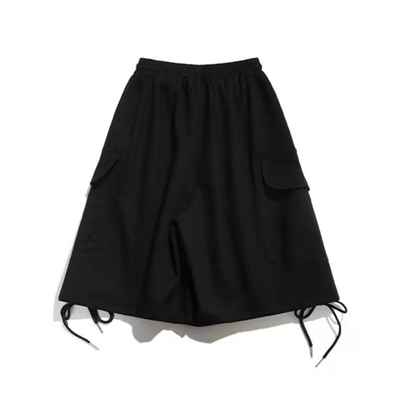 Sommer Kordelzug Cargo-Shorts Frauen Ins Trend Streetwear Vintage Breite Bein Halbe Hosen Plus Größe Lose Beiläufige Hosen L schwarz