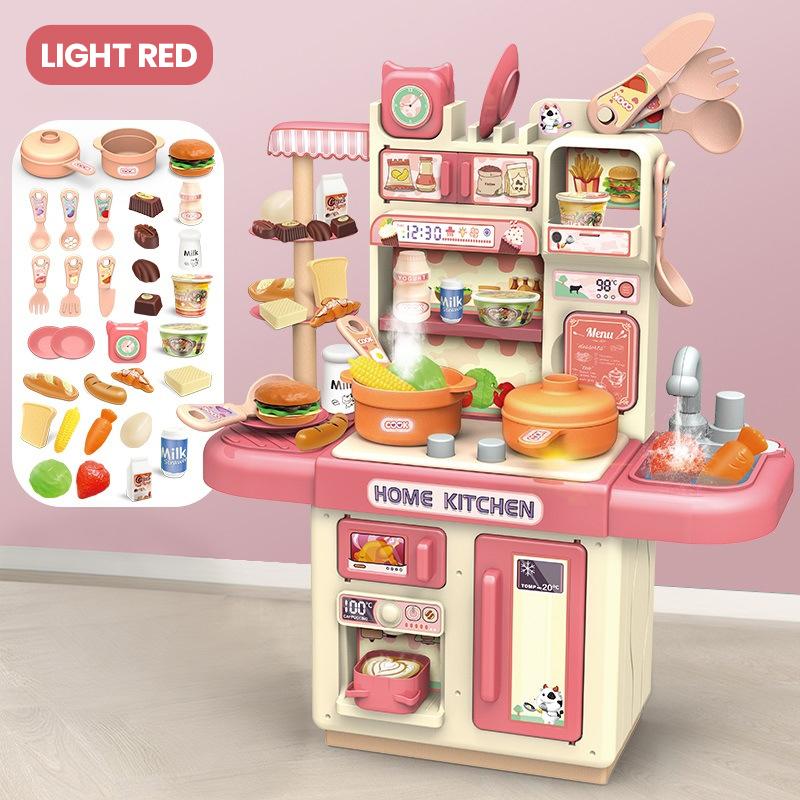 Großes Simulations-Küchenspielzeug-Set für Kinder mit Lichteffekt, Geräuscheffekt, Sprühfunktion, Küchenutensilien, Lebensmittel, Kochgeschirr, Esstisch, Spielhaus Spielzeug Geschenke white