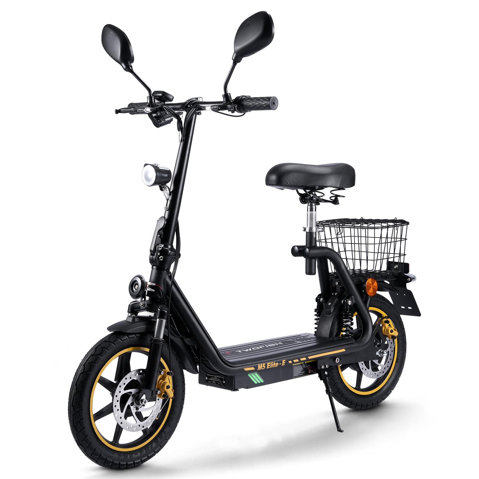 Twofish M5 ELITE-E Elektroroller mit Sitz und Korb EWG-zertifiziert 14  Reifen 500W Motor 48V13Ah Batterie Höchstgeschwindigkeit 40km/h Maximale Reichweite 30km schwarz