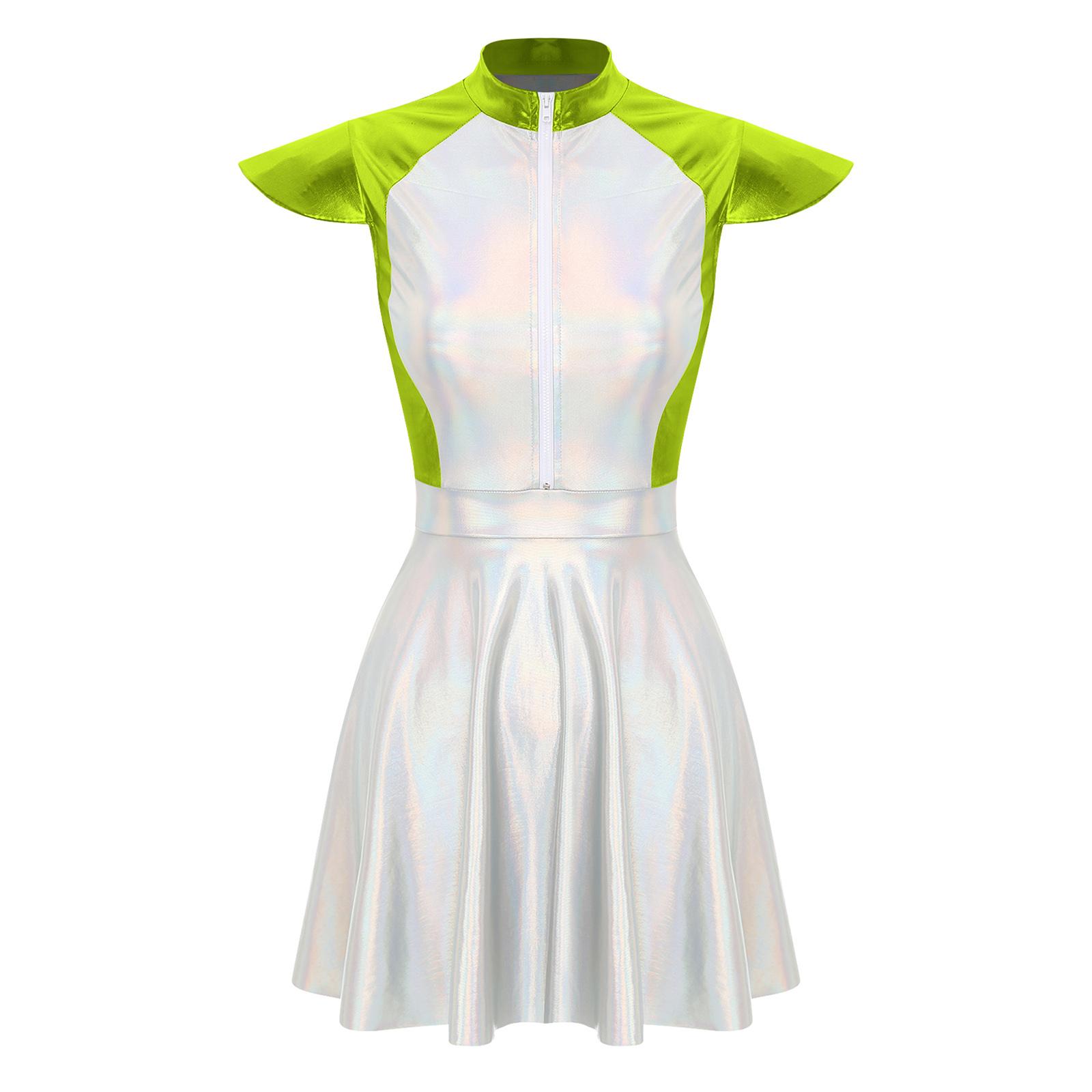 Damen Halloween Alien Cosplay Kostüm Weltraum Cutie Design Kappenärmel A-Linien Glitzerndes Verkleidungsparty Kostüm S grün