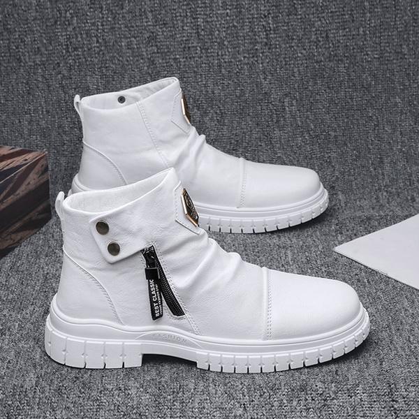 Herrenmode Britische Winterstiefel Seitlicher Reißverschluss Bequeme warme Lederschuhe Herren Winterstiefel Herren Wasserdichte Wohnungen Kurze Stiefel 44 weiß